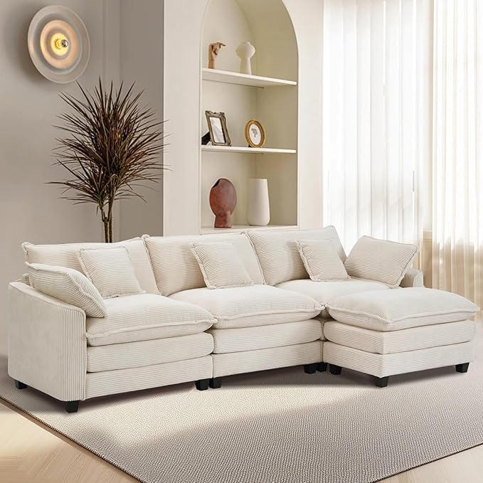 Furniliving 117‘’ L-Shaped Sofa, Luxury Corduroy Modular Sectional Couches by FurnilivingFurnitureforHome