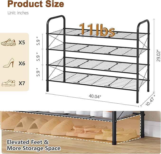 Hoctieon 4 Tier Mesh Style Shoe Rack, Entryway Shoe Shelf, Shoe Storage - Image 3