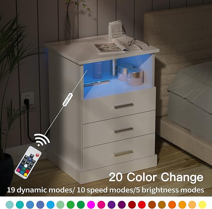 Nightstand with Charging Station, LED Lights Side Table with 3 Drawers - Image 7