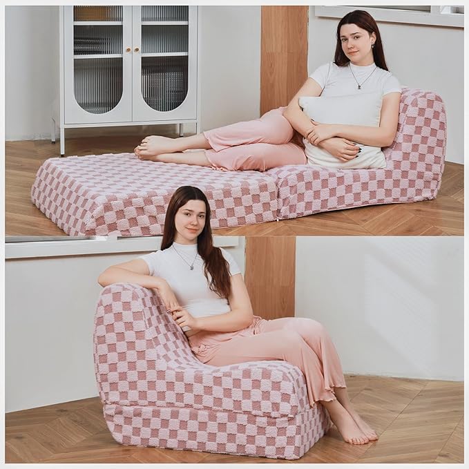 Bean Bag Chair with Checkerboard Shaker Fleece Fabric, Folding Sofa Bed by SnugSofeeFoamSofa