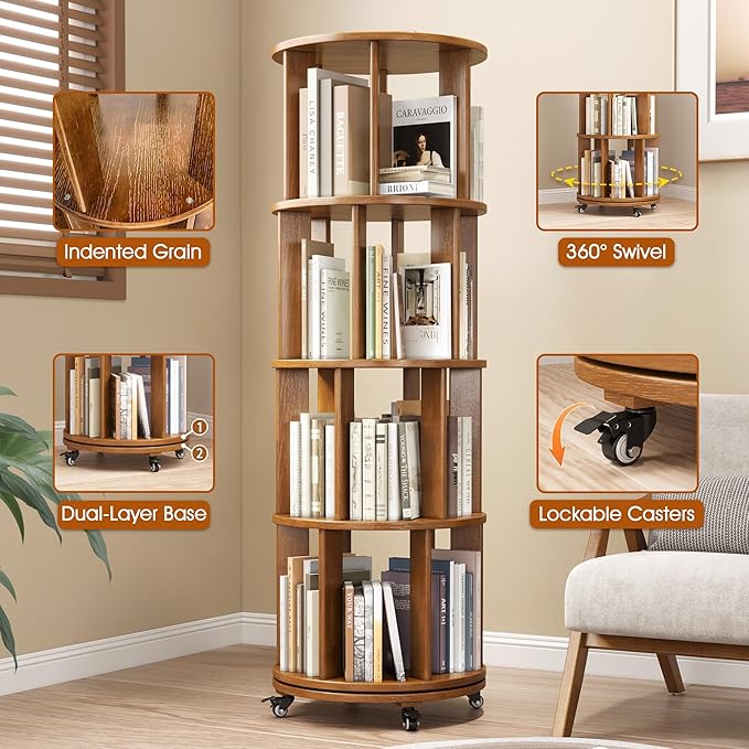 4 Tier Rotating Bookshelf Tower, 360 Spinning Bookcase Carousel - Image 6