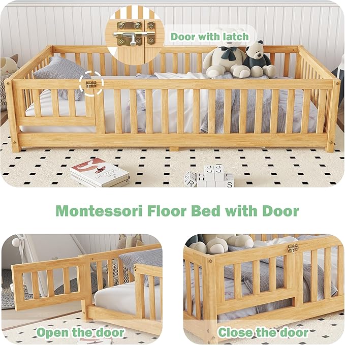Twin Floor Bed Frame with Slats and Safety Guardrail, Wood Twin Size Montessori - Image 5