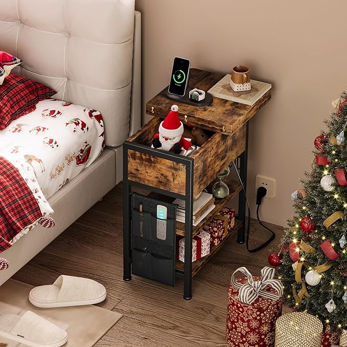 End Table with Charging Station, Flip Top Nightstand with USB Ports and Outlets - Image 2