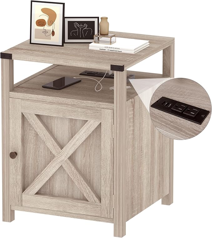 Farmhouse Nightstand with Charging Station, Rustic End Table Bedroom with by HOME
