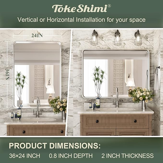TokeShimi 24 x 36 Inch Brushed Silver Bathroom Mirror - Image 3