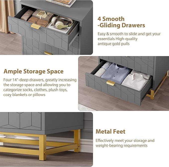 Grey Dresser, 4 Drawer Dresser for Bedroom, Modern Dressers - Image 6