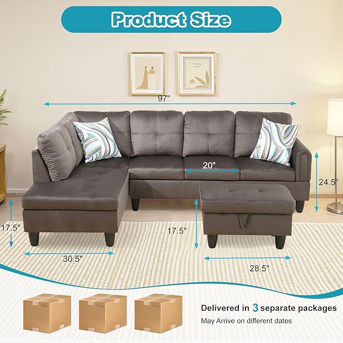 L Shaped Couch Modern Sectional Couch Upholstered Flannel Fabric 3 Pieces Sofas - Image 2