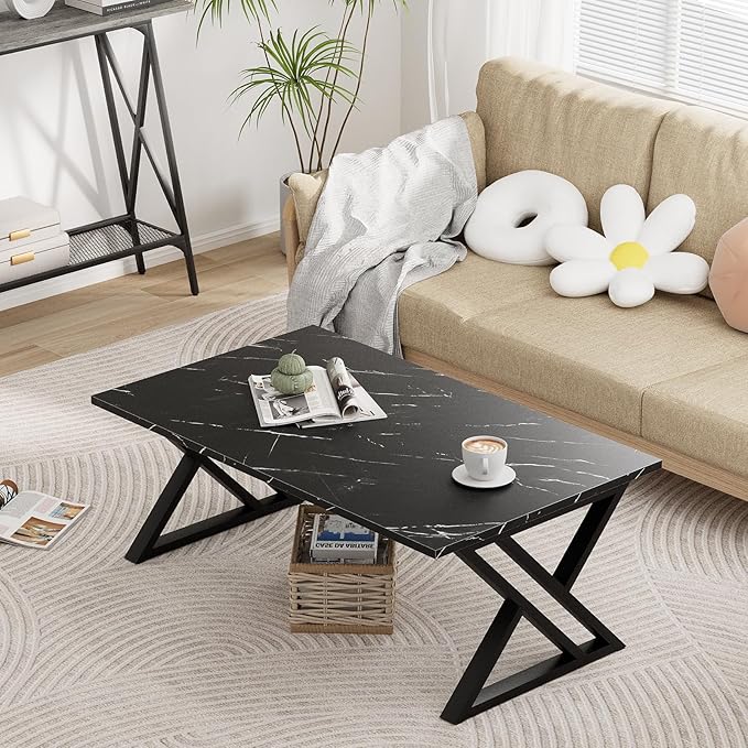 Coffee Table Living Room Table Black Center Table, Simple Modern Faux Marble - Image 2