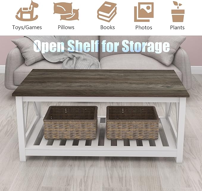 Farmhouse Coffee Table, 2-Tier Rectangular Wooden Centre Cocktail Table - Image 7