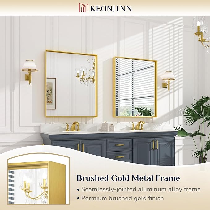 Keonjinn 30 x 36 Inch Brushed Gold Bathroom Mirror Metal Framed Rectangle Wall - Image 5