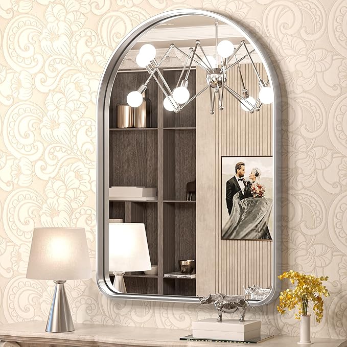 TokeShimi Arched Brushed Silver Bathroom Mirror 26x38 Inch by RefinedBathroomAccessories
