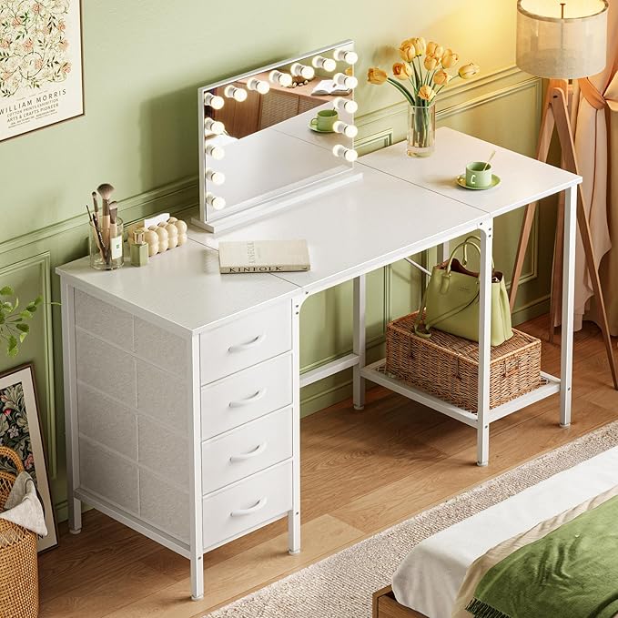 Huuger 55 Inch White Desk with 4 Drawers, Vanity Desk with Mesh Shelf - Image 8
