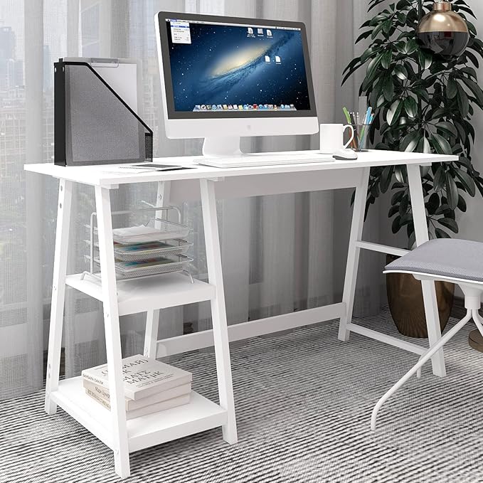 Natwind 47" White Desk with 2-Tier Storage Shelves, Home Office Computer Desk - Image 7