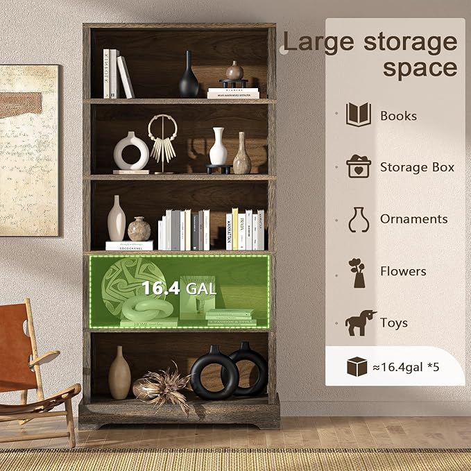TVU 5-Shelf Wood Bookcase, 65 Inch Tall Bookshelf - Image 5