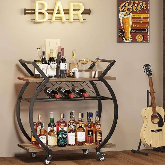 LVB Bar Cart with Wine Rack, 2 Tier Kitchen Cart on Wheels, Modern Wood and - Image 3