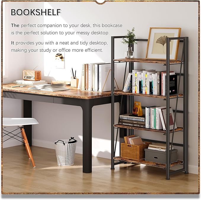 4NM No-Assembly Folding Bookshelf Storage Shelves 4 Tiers Vintage Bookcase - Image 4