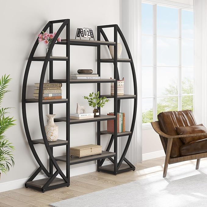 Tribesigns Oval Bookshelf, Triple Wide 5 Tier Etagere Bookcases, Industrial - Image 7