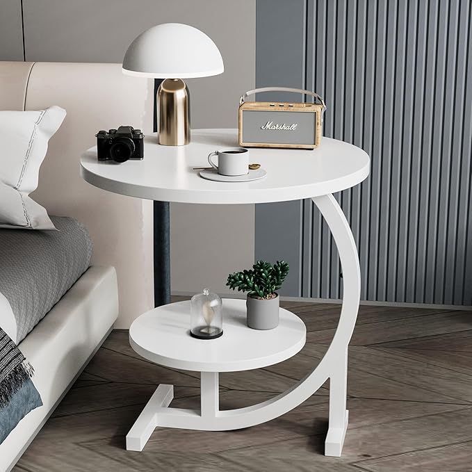 C-Shaped End Table, 2 Tiers Round Side Table, Sofa Small Side Table - Image 4