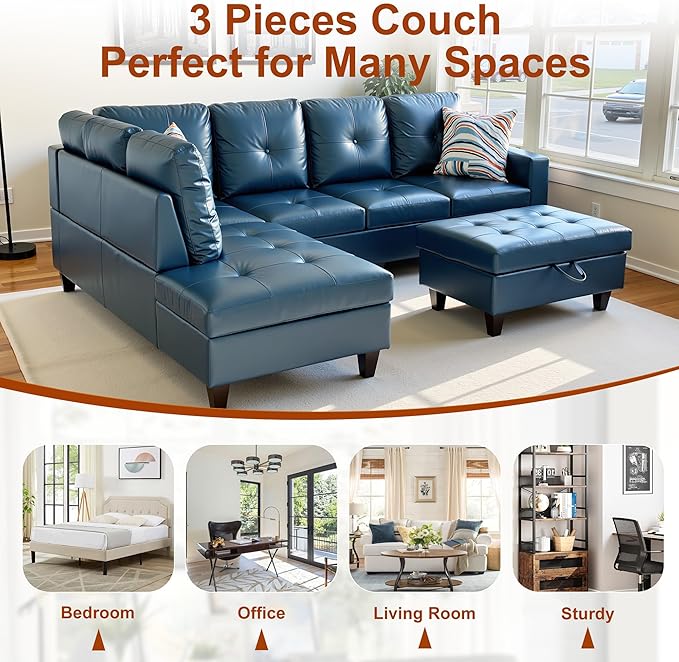 Osparple Sectional Couches for Living Room PU Leather L Shaped Couch 3 Pieces - Image 7