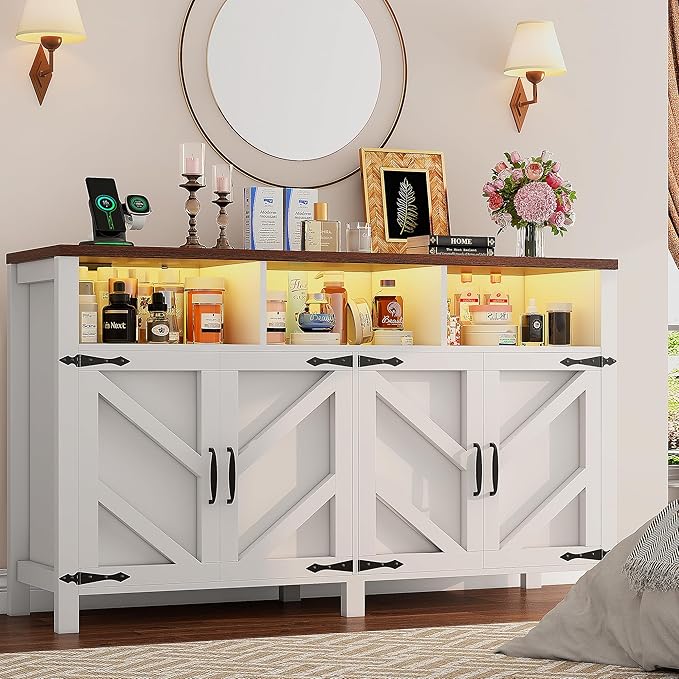 Buffet Sideboard with Storage with Power Outlets & LED Light 4 Doors, Dining - Image 8