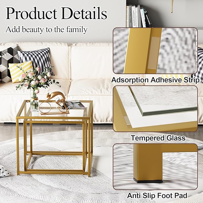 VILAWLENCE Coffee Table Set of 2, Modern Gold Glass Side Table, Metal Frame - Image 5