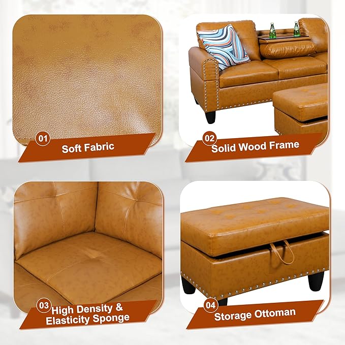 Osparple L Shaped Couch PU Leather Sectional Couch Upholstered 3 Pieces Sofas - Image 5