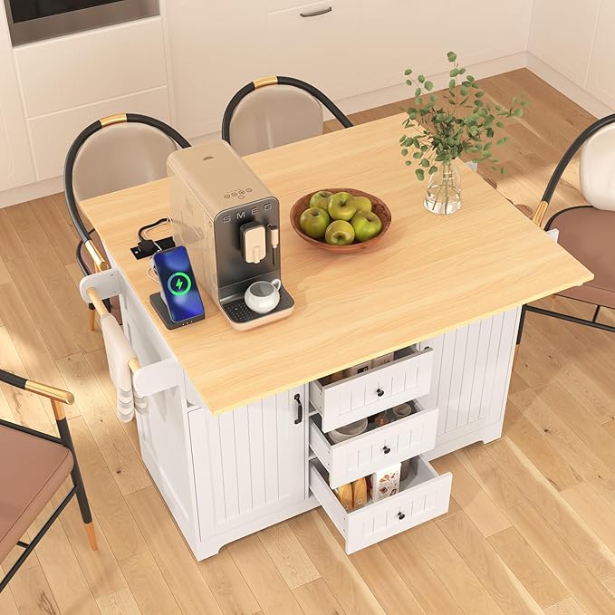 56" Large Kitchen Island with 2 Drop Leafs, Rolling Kitchen Cart on 5 Wheels - Image 10