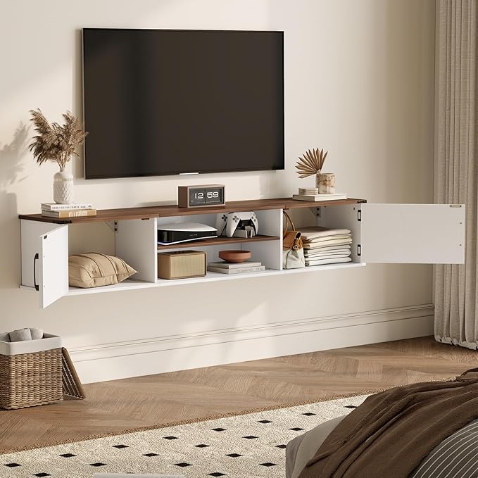 Floating TV Stand with Doors, 2 Tier Wall Mounted TV Stand, Floating - Image 8