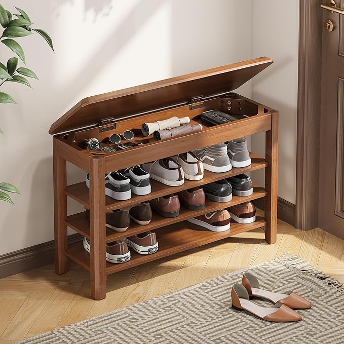 Shoe Rack Bench Seat Rubberwood 3-Tier Wooden Storage Bench 550lbs Compact by IUNVR