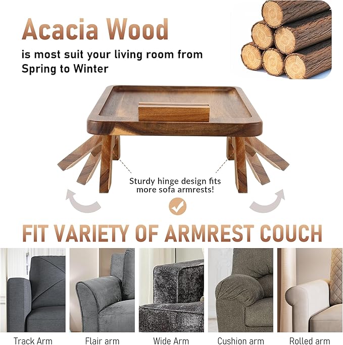 SINWANT Couch Arm Table, Acacia Wood Sofa Arm Rest Tables Couch Armrest Table - Image 3