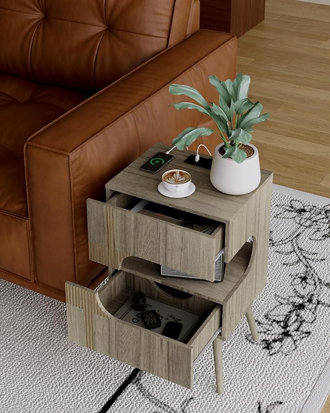 Nightstand with Charging Station and LED Lights, Modern Bedside Table with 2 - Image 6