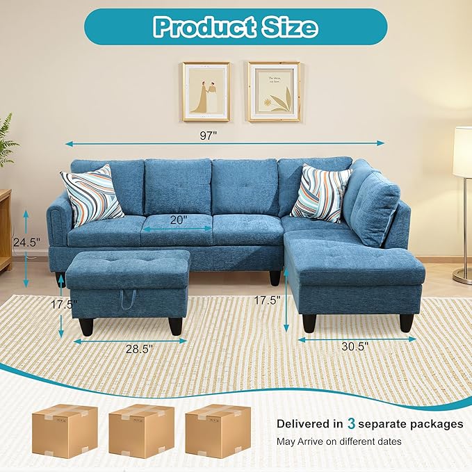 Couches for Living Room Modern L Shaped Couch Comfy Flannel Fabric 3 Pieces - Image 2