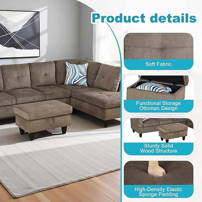 Couches for Living Room Modern L Shaped Couch Comfy Velvet Fabric 3 Pieces - Image 5