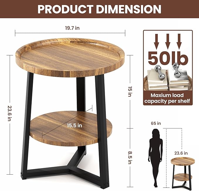PPAMAPIC Round End Table, 2 Tier Side Table - Image 3