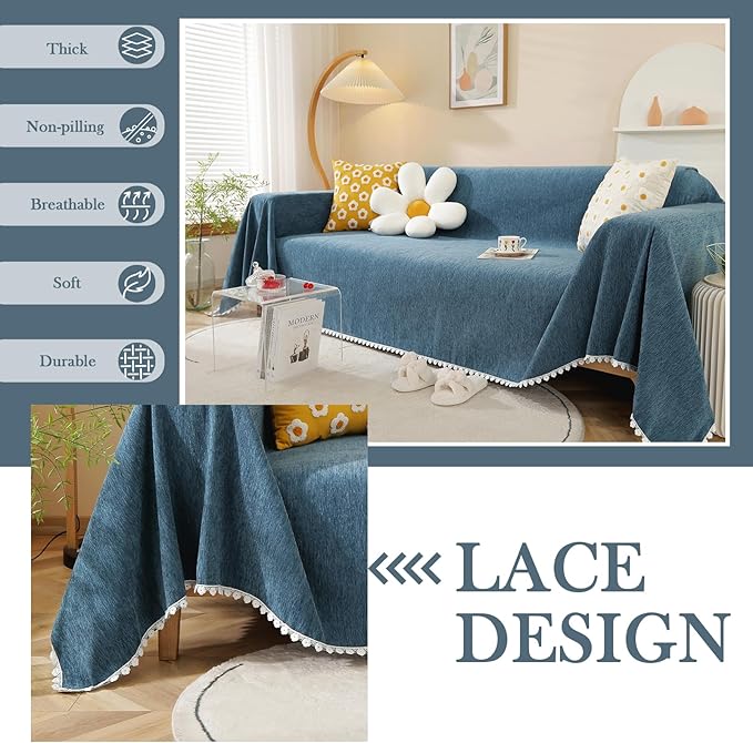 HANDONTIME Navy Blue Sectional Couch Covers, 3 Cushion Couch Chenille Cover - Image 2