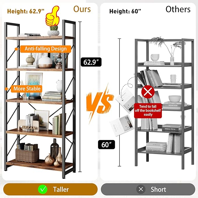 Bookshelf, 5 Tier Bookshelves, Home Office Bookcase Shelf Storage Organizer - Image 5