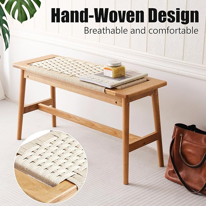 33.5" L Wood Dining Bench Indoor, 100% Natural Solid Oak Bed Bench Hand Woven - Image 4