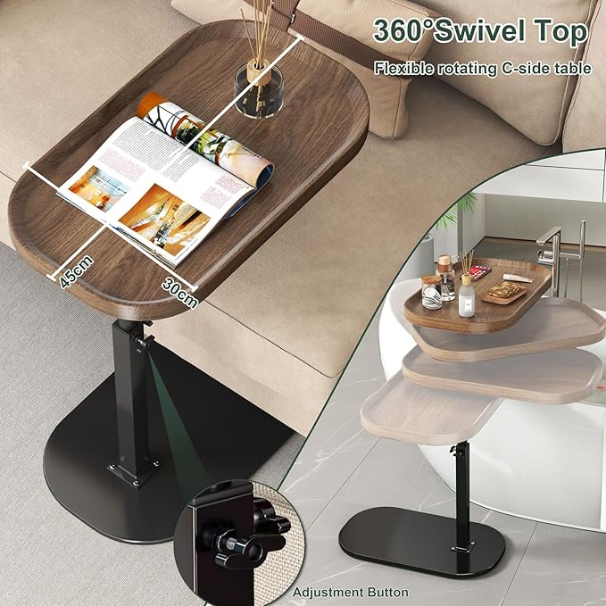 C Shaped Side Table Adjustable Height, 360°Swivel C Shaped End Table, Couch - Image 3