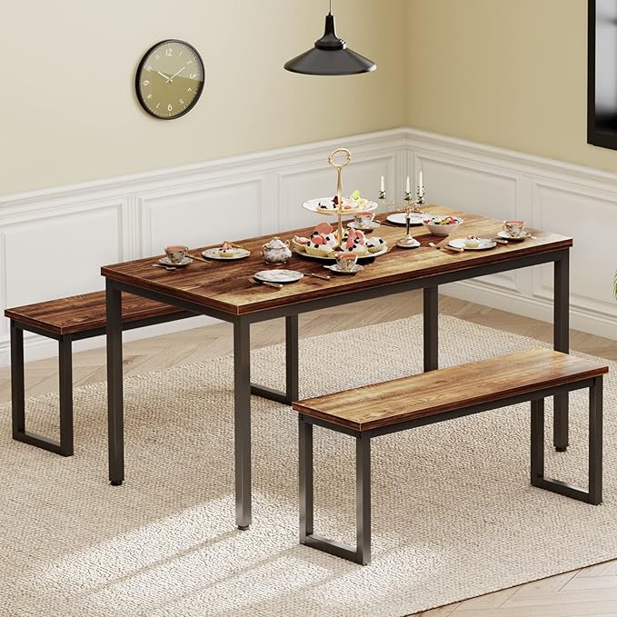 soges Kitchen Table Set with 2 Benches, Bench Dining Table Set - Image 3