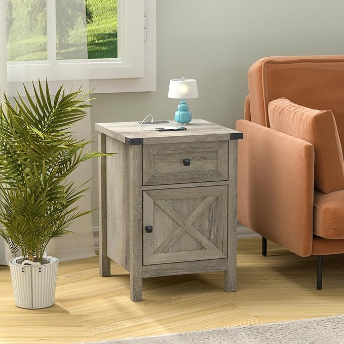 Rustic Nightstand with Charging Station, Night Stand with Barn Door and Drawer - Image 3
