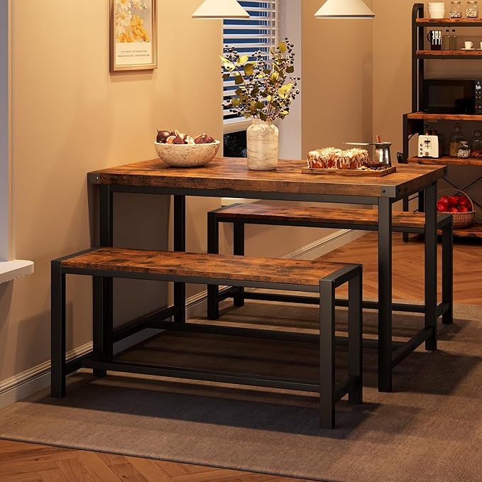 Dining Table Set for 4 with 2 Benches, 3-Piece Kitchen Table Set, Space-Saving by SLEKVERSA