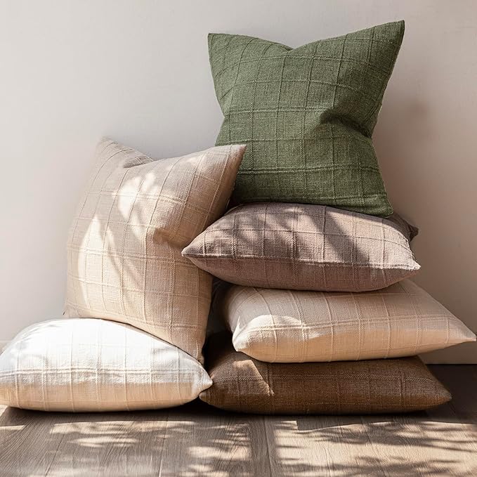 Foindtower Set of 2 Decorative Linen Check Throw Pillow Covers Neutral - Image 6