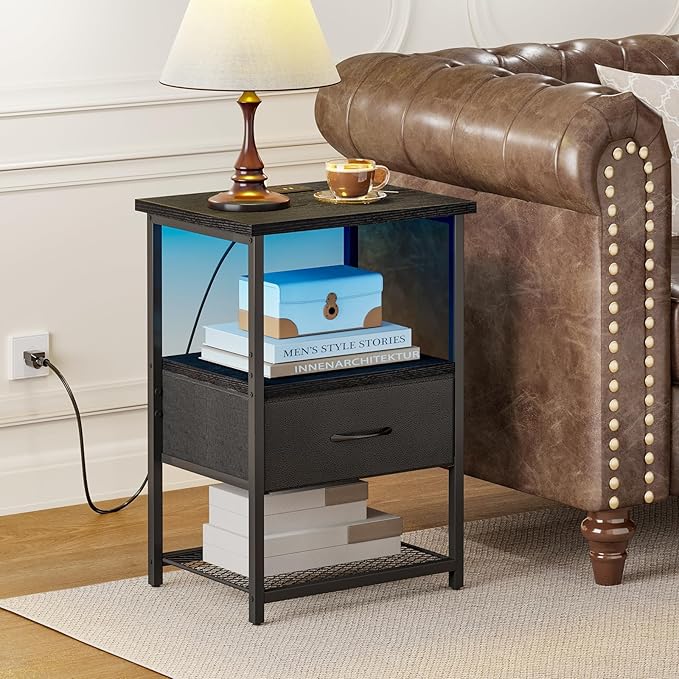 Fixwal Night Stand with Charging Station, LED Nightstand Side Table with Fabric - Image 7