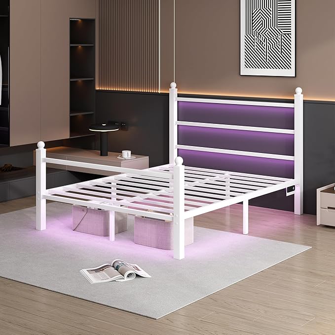 Queen Bed Frame with Headboard and Footboard, Steel Slats Support-LED Bed Frame - Image 7