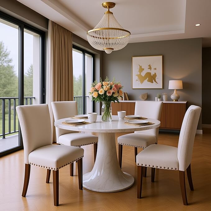 Set of 2 Beige Upholstered Dining Chairs – Farmhouse Kitchen Chairs - Image 7