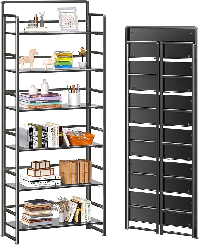 4NM No-Assembly 6 Tiers Folding Bookshelf Storage Shelves Vintage Bookcase by 4NM