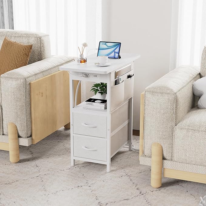 Small Side Table with Charging Station, Narrow Nightstand Bedside Tables with - Image 6