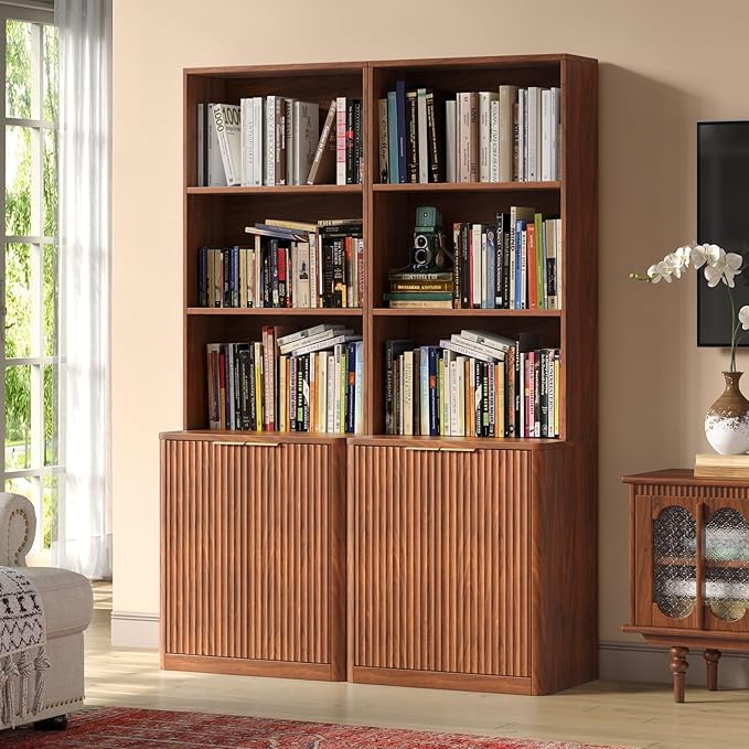 71" Walnut Bookcase with Doors, 5 Tier Fluted Tall Bookshelf with Storage by Hootata