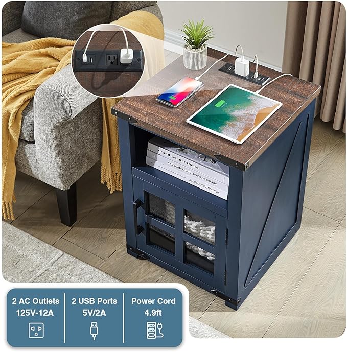 Farmhouse Nightstand with Charging Station, Rustic End Table with Tempered - Image 3