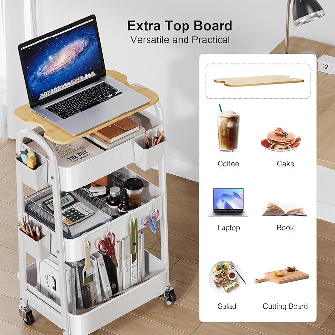 3 Tier Rolling Cart Metal with Wheels and Bamboo Table Top, Art Cart Organizer - Image 8